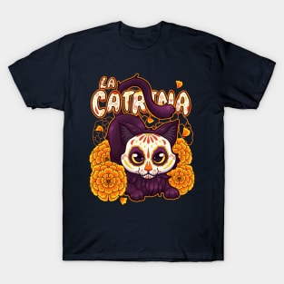 black furry cute cat with catrina skull mask and flowers T-Shirt